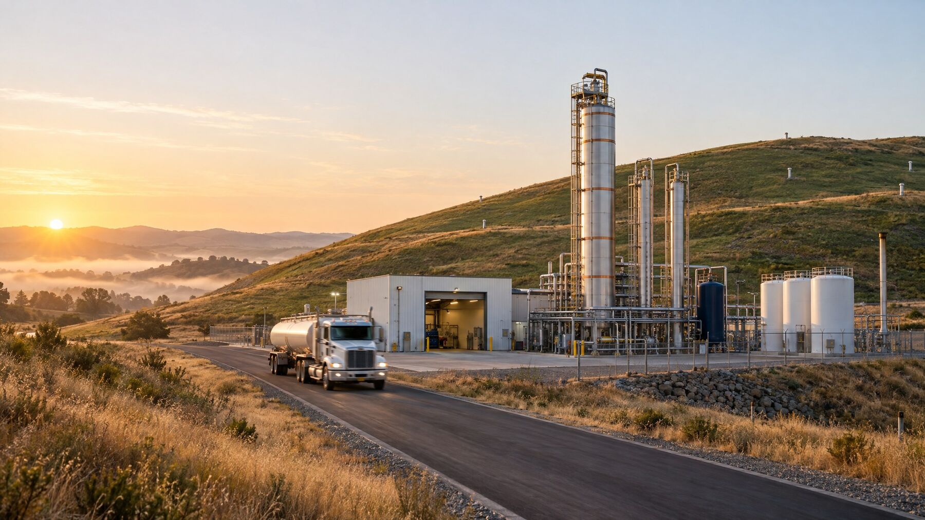 Modular fuel plant on a hillside with a truck on the access road