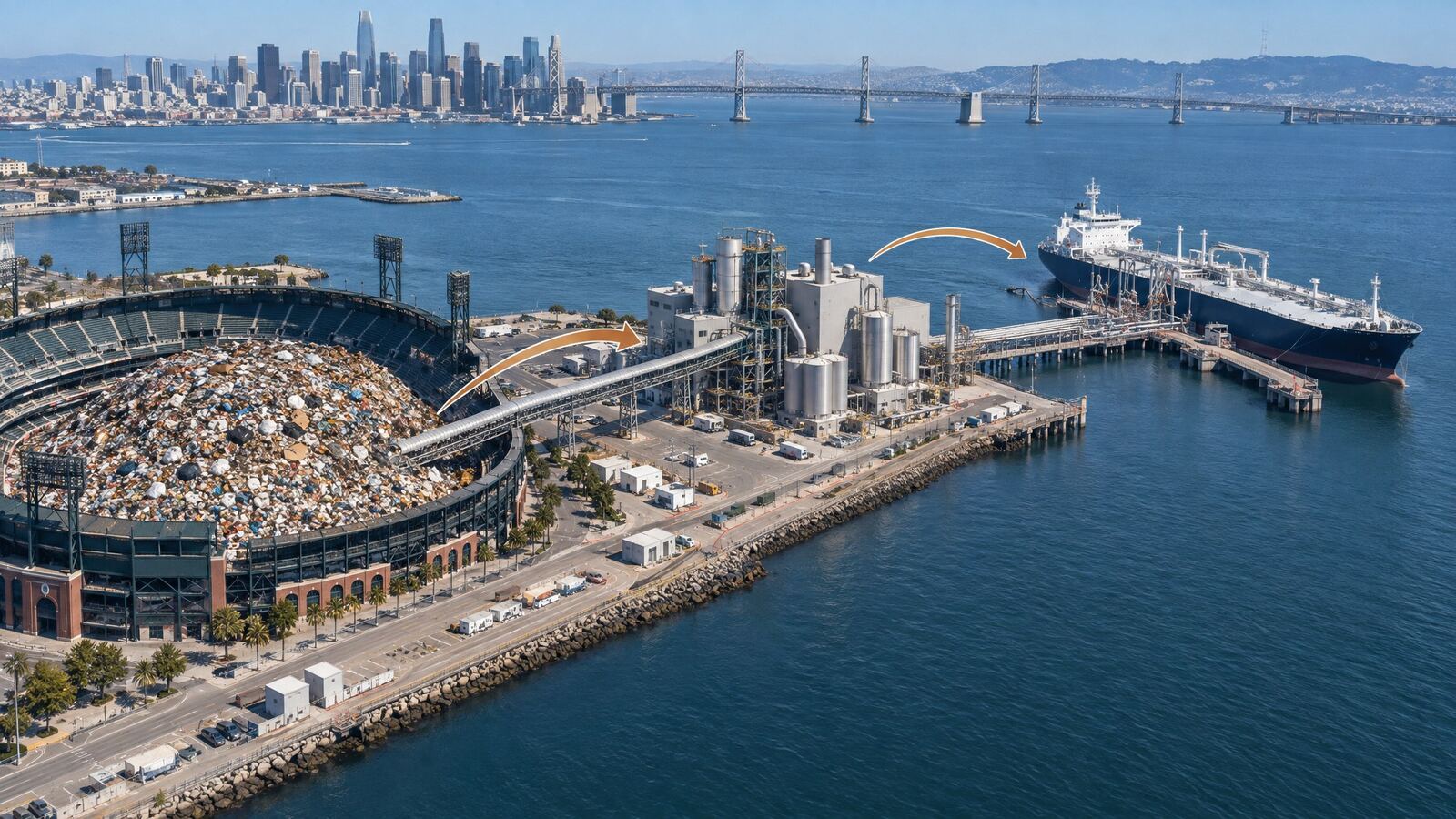 Tanker at a port terminal next to a city