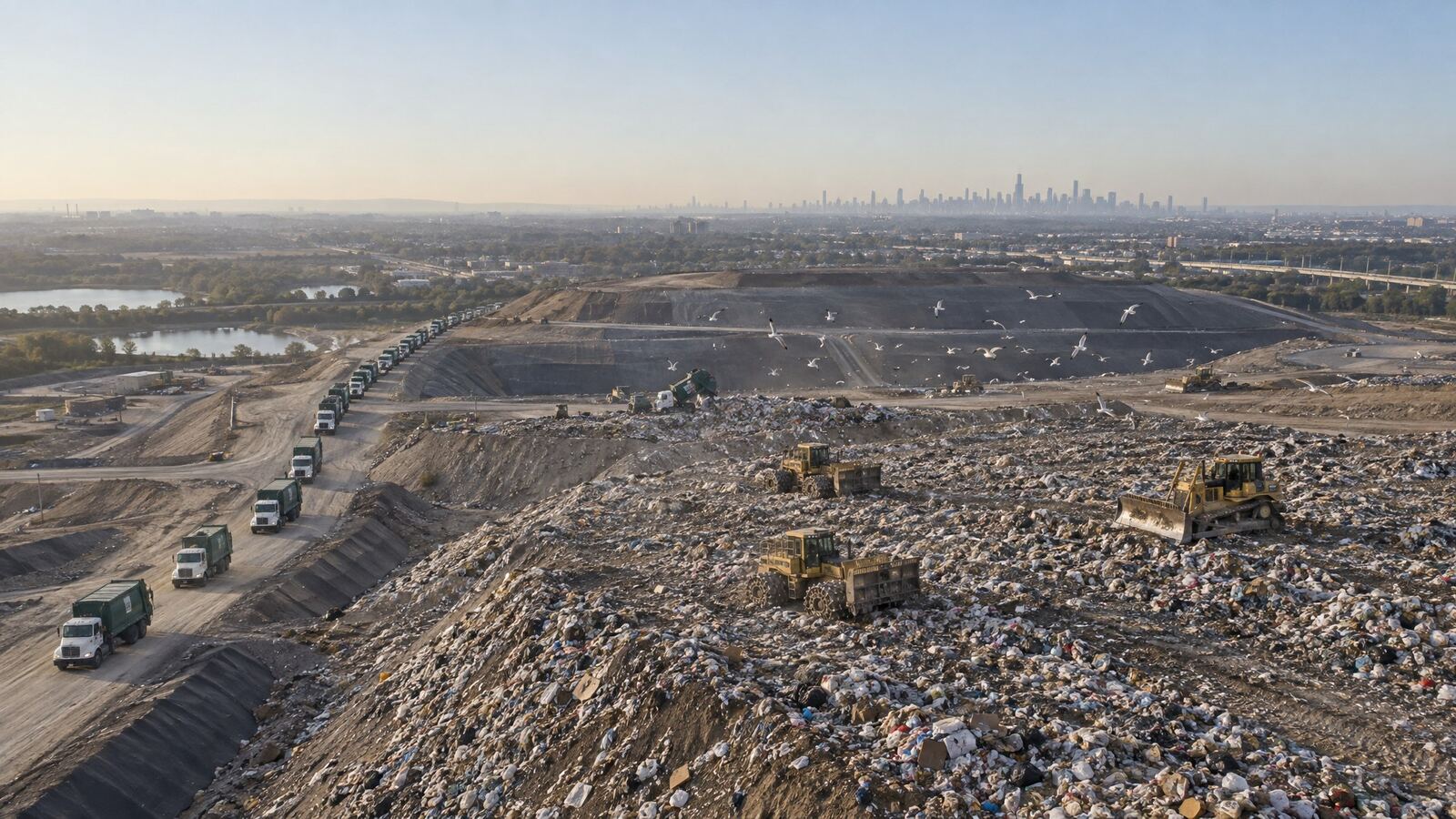 Trucks on a landfill with a city skyline behind